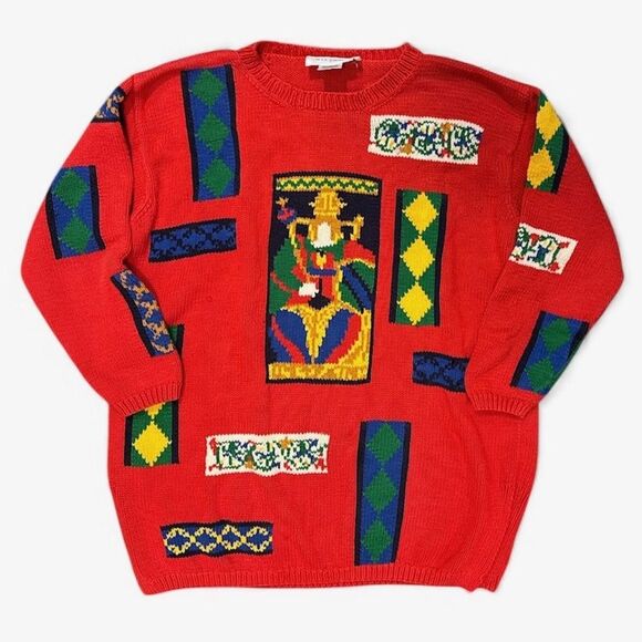 VTG Adrianne Vittadini Sport Sweater Womens L Red Cotton Colorful Graphic Knit - Picture 1 of 9